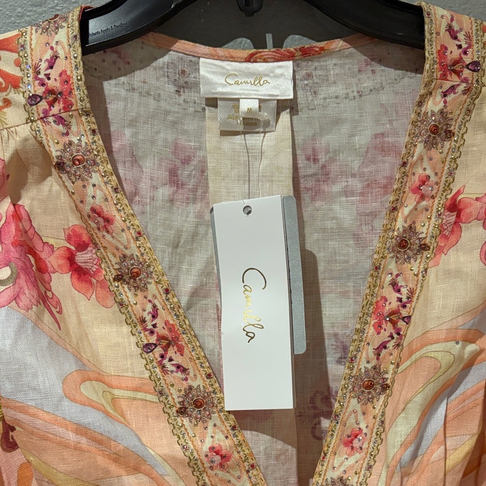 Camilla Shaped Waistband Dress W Gathered Sleeves Blossoms And Brushstrokes NWT - Picture 11 of 16